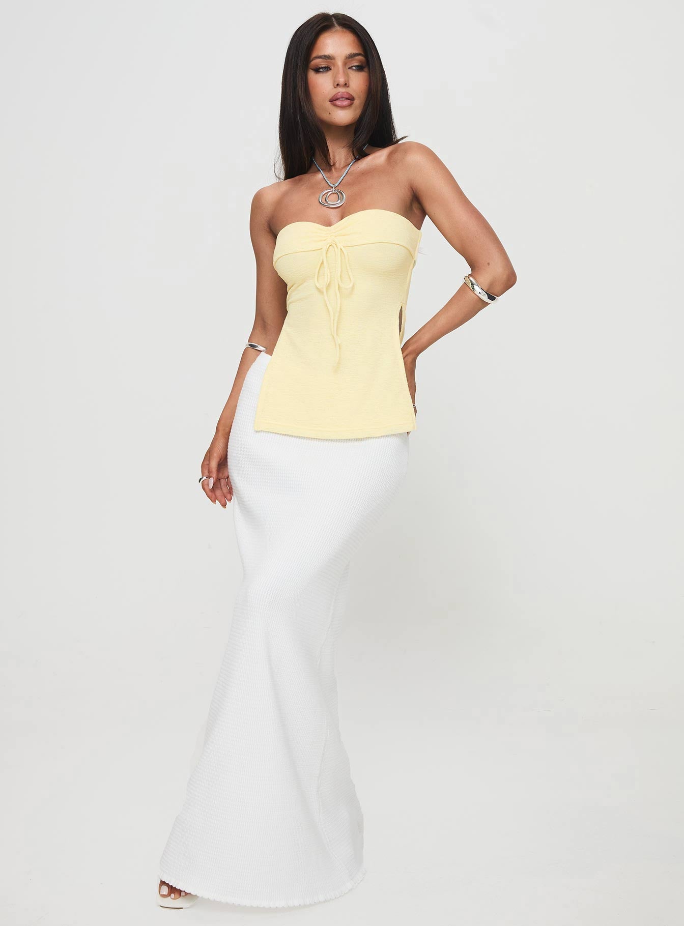 front view of model wearing Princess Polly Laurenita Longline Tube Top Yellow Sleeveless Sweetheart 
