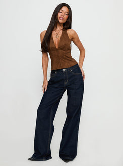 front view of model wearing Princess Polly Favourite Reference Mid Rise Straight Leg Jeans Dark Indigo Mid Rise Jeans Jeans 