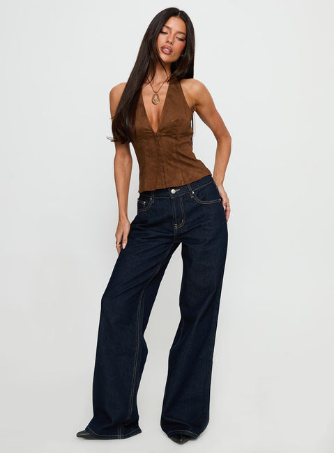front view of model wearing Princess Polly Favourite Reference Mid Rise Straight Leg Jeans Dark Indigo Mid Rise Jeans Jeans 