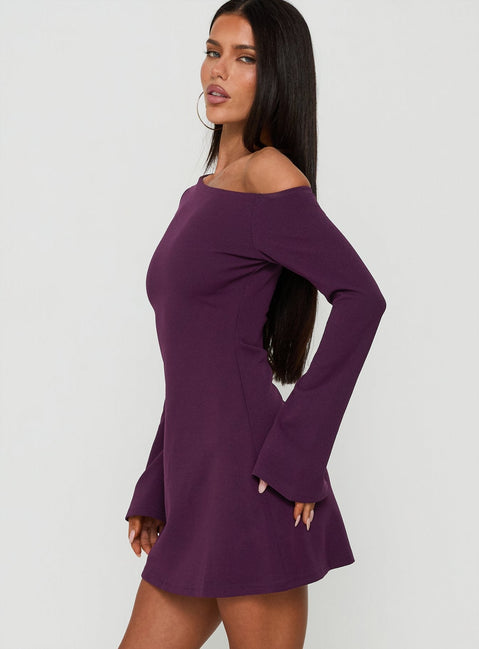 Adrietta Long Sleeve Off Shoulder Mini Dress Plum Noir