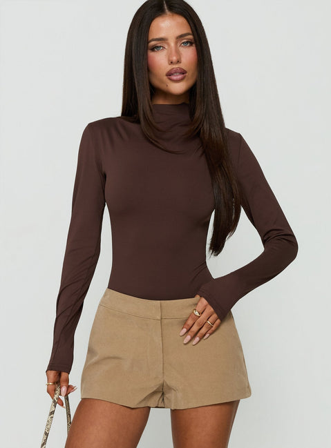 Pirella Mock Neck Long Sleeve Bodysuit Brown