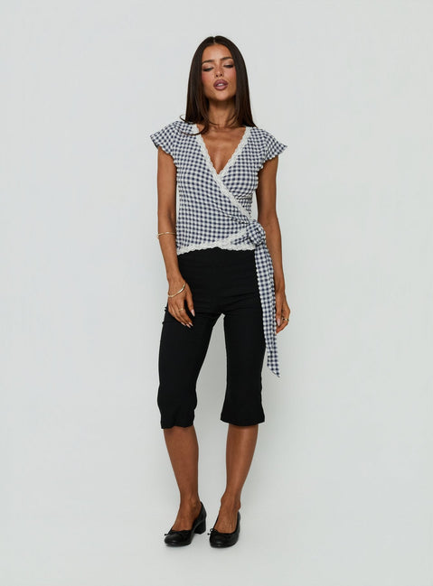 Meltwater Lace Trim Wrap Detail Top Navy Check