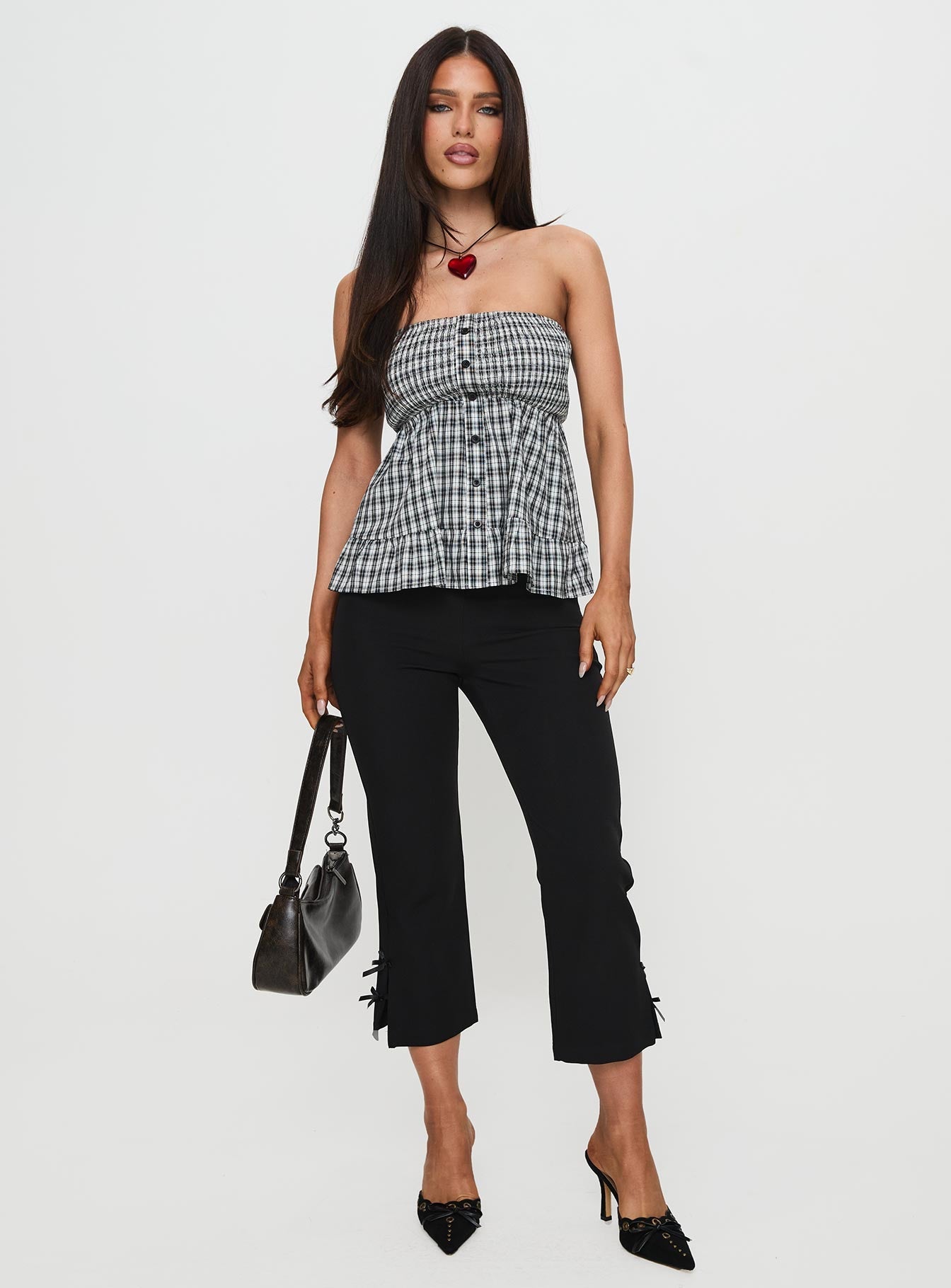 Hestia Strapless Frill Top Black Check
