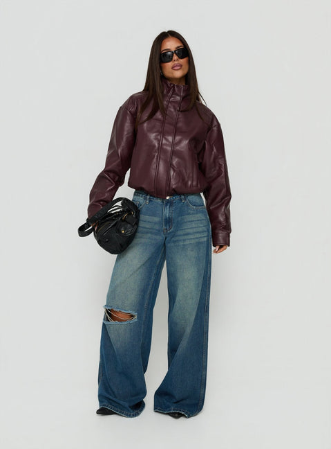 Kordale Funnel Neck Faux Leather Bomber Jacket Burgundy