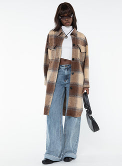 Longline plaid shacket Classic collar, button fastening at front, twin chest pocket, single button cuff