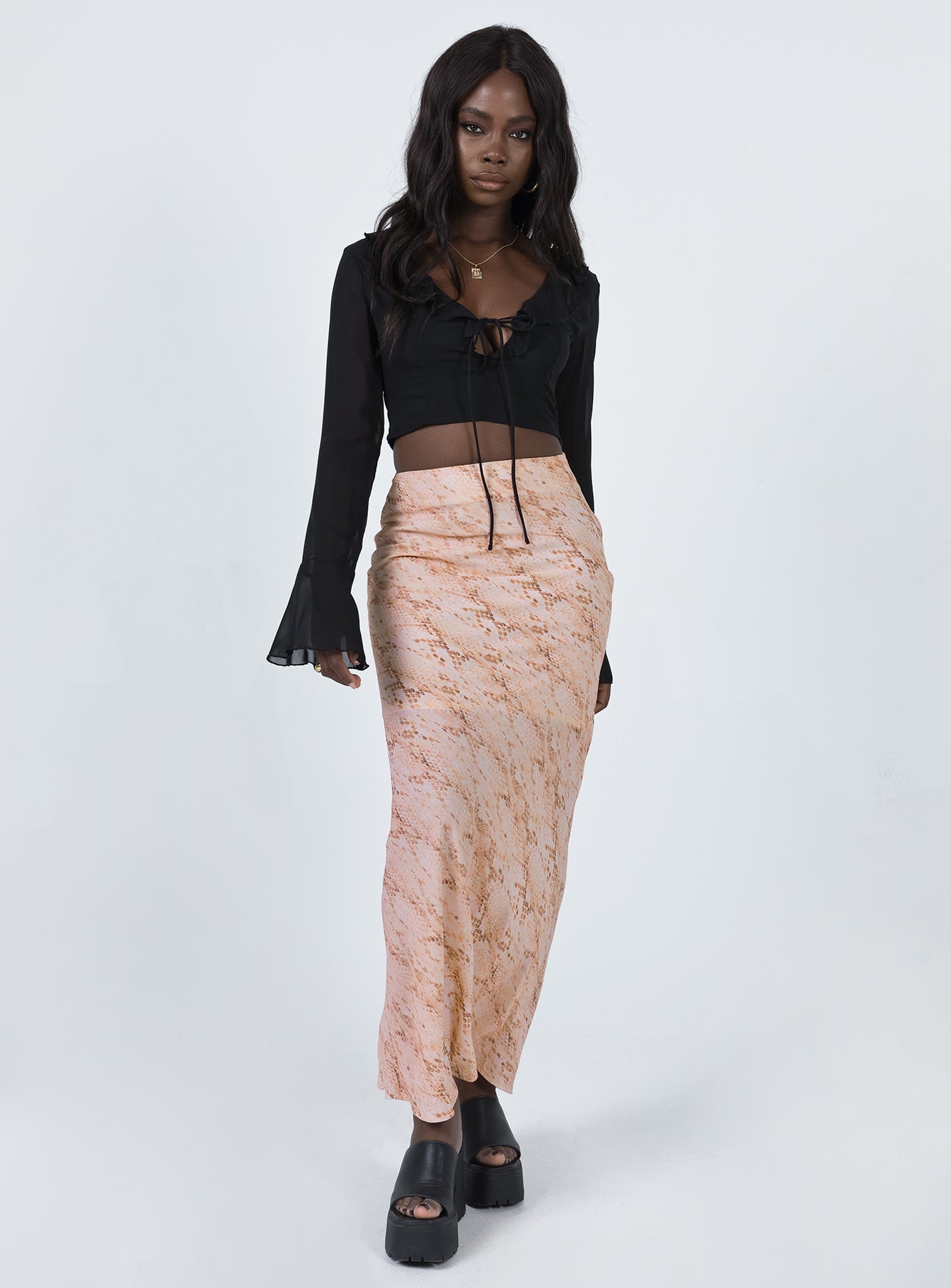   front view of model wearing Princess Polly Rayna Maxi Skirt Snake 