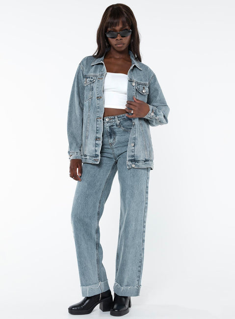 Light wash denim jacket Classic collar, button fastening at front, twin chest and hip pockets, single button cuff