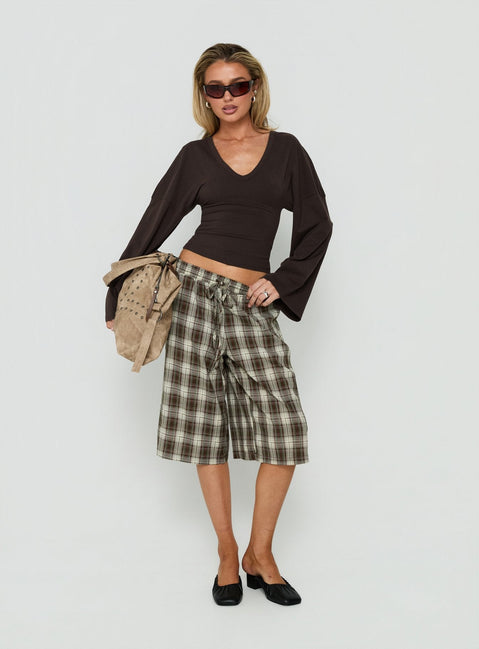Dance With Shadows Batwing V Neck Long Sleeve Top Brown