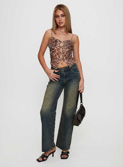front view of model wearing Princess Polly Tanaia Button Up Top Leopard Sleeveless V-Neck 