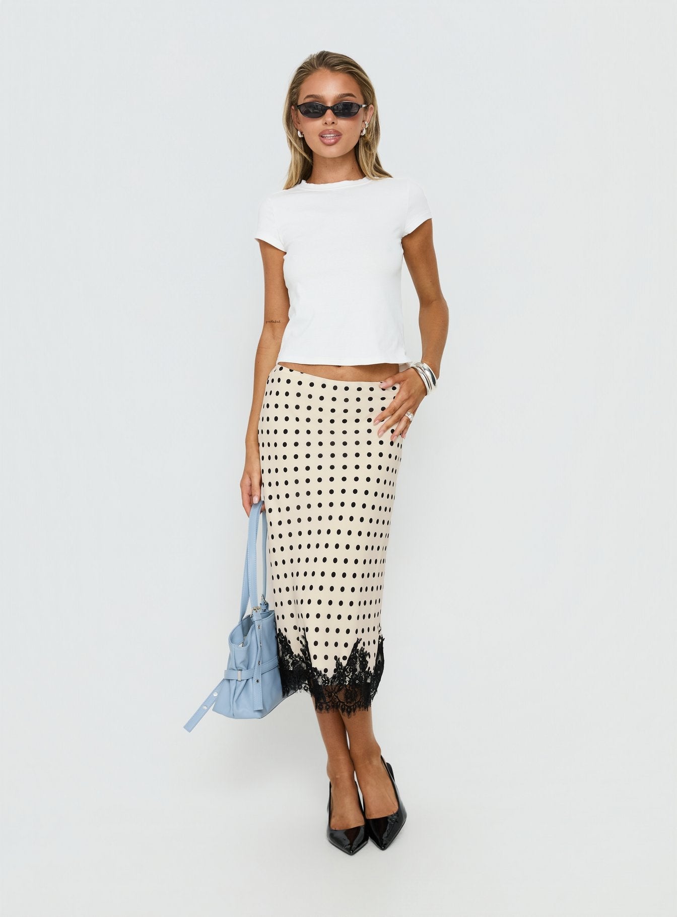   front view of model wearing Princess Polly Downtown Scene Lace Trim Maxi Skirt Cream Polka Midi Skirts 