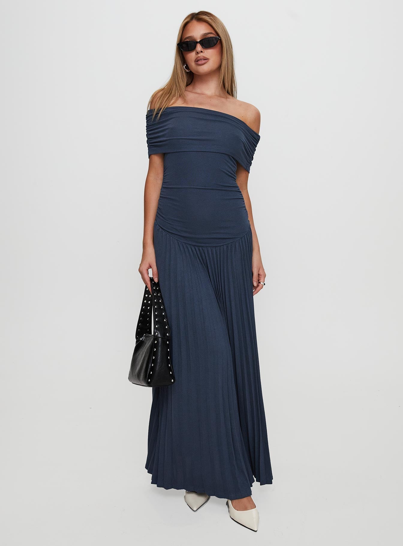 front view of model wearing Princess Polly Field Of Dreams Maxi Dress Navy Straight Neck 