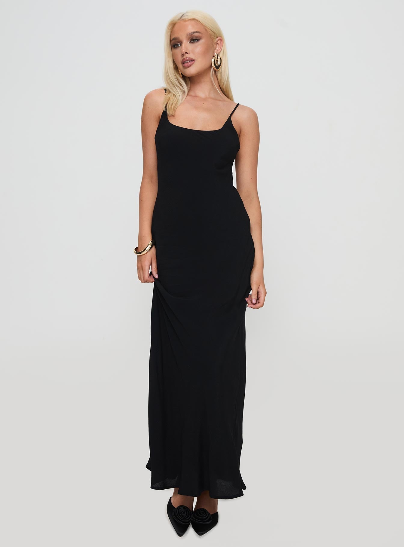 side view of model wearing Princess Polly Lagane Bias Cut Maxi Dress Black Scoop Neck 