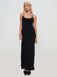 side view of model wearing Princess Polly Lagane Bias Cut Maxi Dress Black Scoop Neck 
