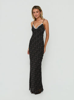 Alasia Lace Trim V Neck Maxi Dress Black Floral