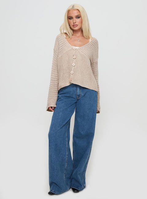 back view of model wearing Princess Polly Maela Knit Cardigan Mocha Cropped 