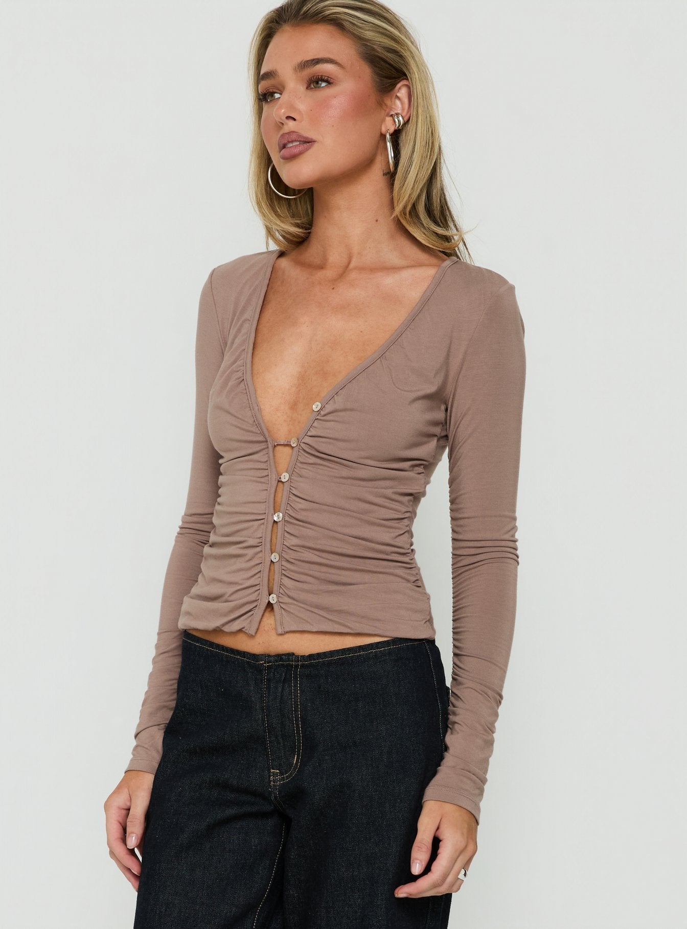 Tamsen Ruched Long Sleeve Button Up Top Taupe