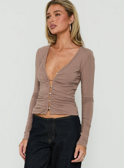 Tamsen Ruched Long Sleeve Button Up Top Taupe