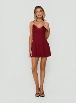 Bloomie Lace Godet Mini Dress Cherry Lacquer