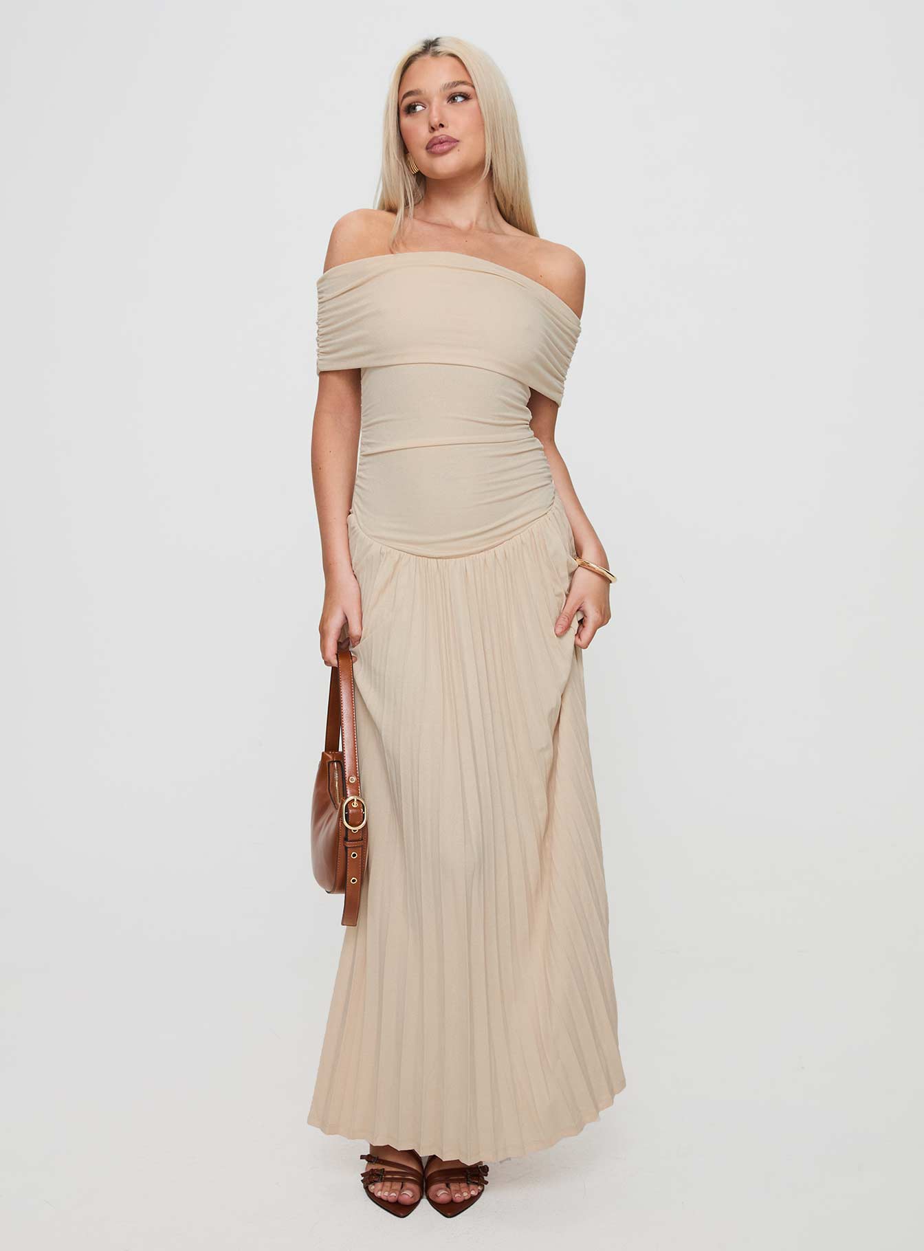front view of model wearing Princess Polly Field Of Dreams Maxi Dress Oatmeal Straight Neck 