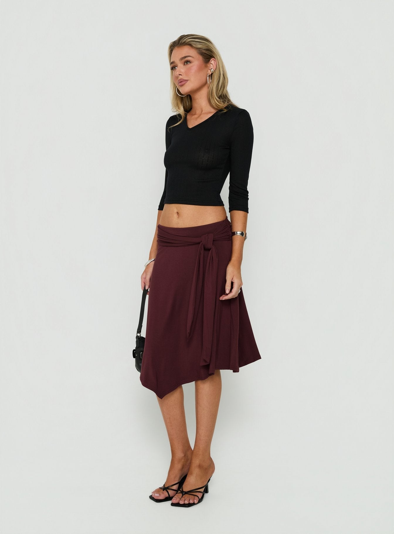 Soft Focus Tie Waist Midi Skirt Plum Noir
