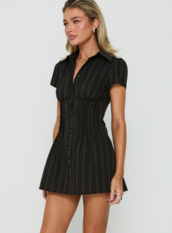 Selenne Collared Short Sleeve Playsuit Brown / Black Stripe
