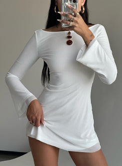 front view of model wearing Princess Polly Lukea Long Sleeve Mini Dress White Petite Boat Neck 
