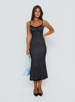 Delaney V Neck Frill Midi Dress Black Polka Dot