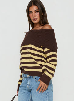 Next Page Foldover Long Sleeve Knit Jumper Brown / Yellow Stripe