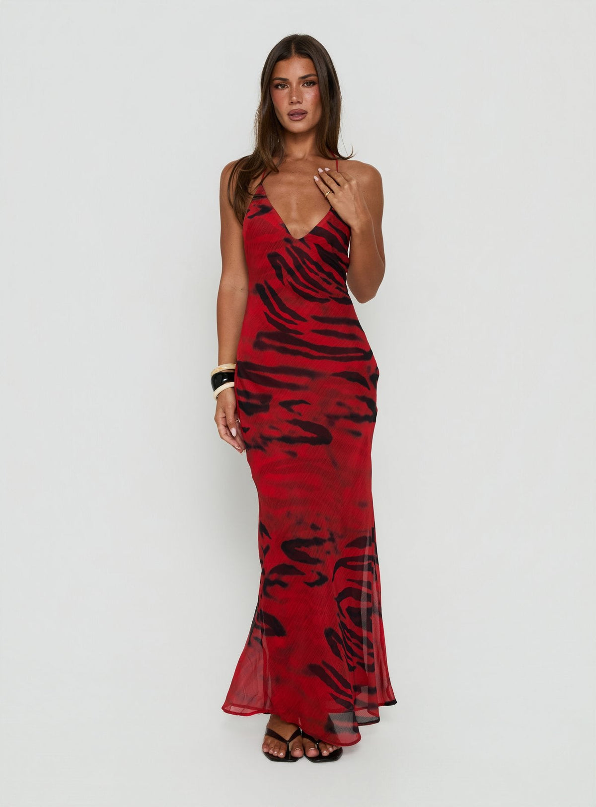 Eloisia T-Back Plunge Maxi Dress Red Animal