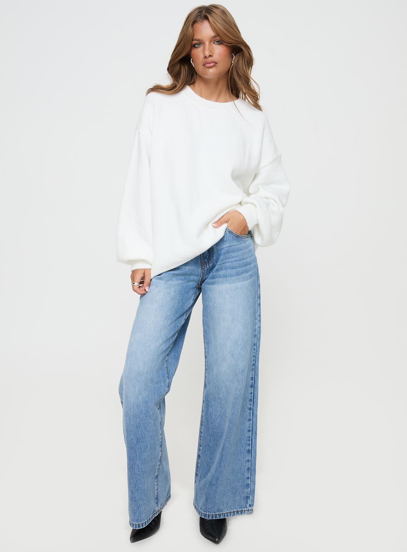 front view of model wearing Princess Polly Ryanna Sweater White Long 