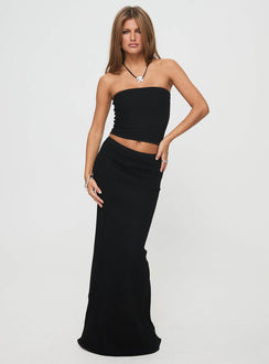 front view of model wearing Princess Polly Huckle Tube Top Black Sleeveless straight 