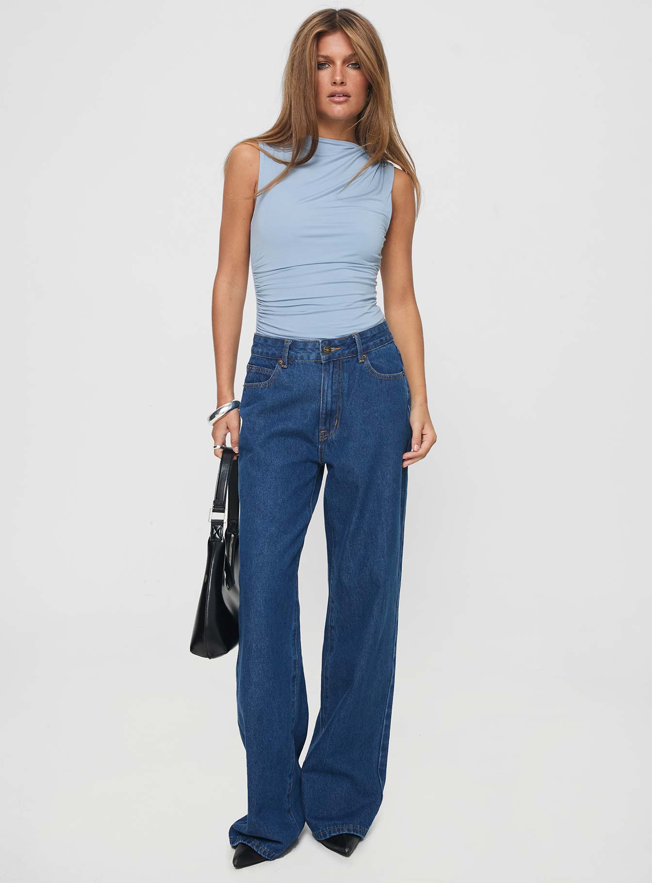 back view of model wearing Princess Polly Josefine Bodysuit Baby Blue Sleeveless High Neck 