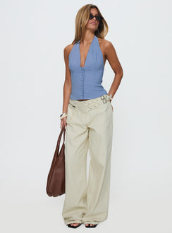 front view of model wearing Princess Polly Paltrow Mid Rise Wide Leg Cargo Jeans Cream Petite Low Rise Jeans 