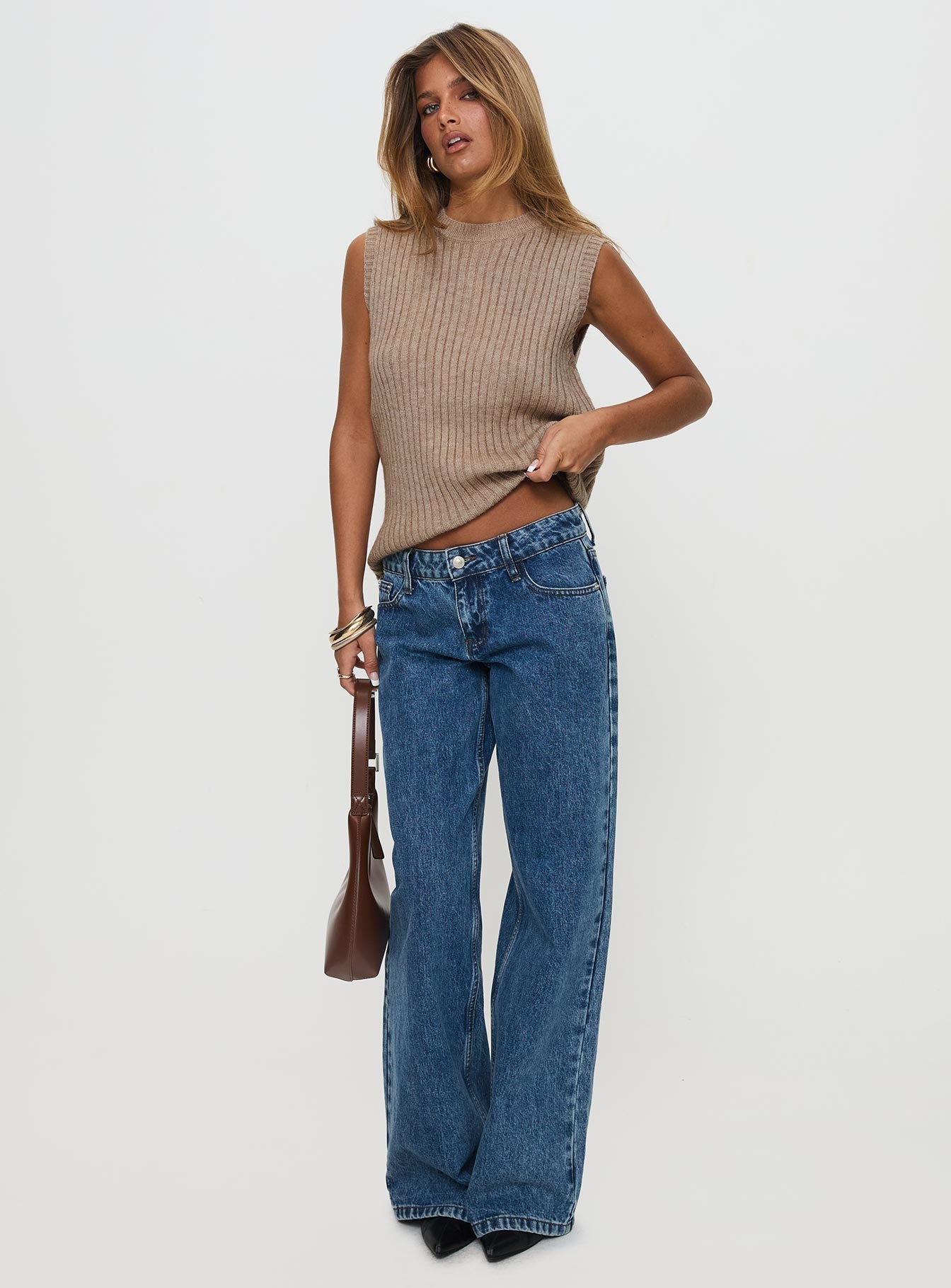 front view of model wearing Princess Polly Jessabell Rib Sleeveless Top Mocha Long 