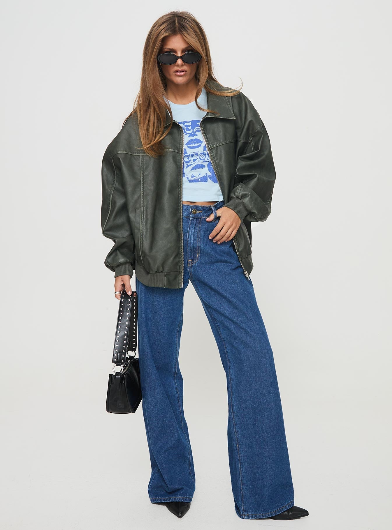 Faux leather bomber jacket Classic collar, ribbed waistband and cuffs, zip front fastening, twin hip pockets 