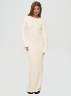 Long sleeve maxi dress Boucle material, low back, sheer knit, tie fastening at back&nbsp;