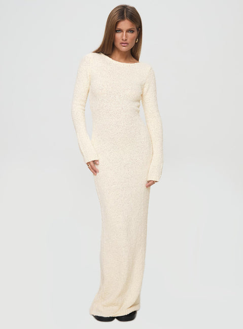 Long sleeve maxi dress Boucle material, low back, sheer knit, tie fastening at back&nbsp;