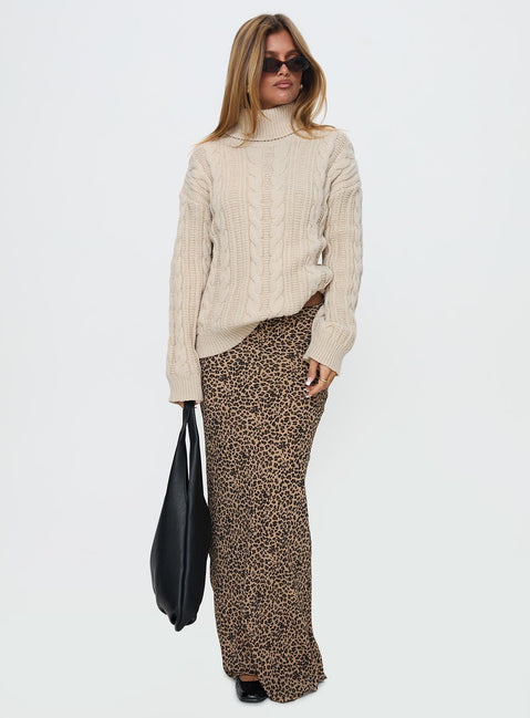 side view of model wearing Princess Polly Bryden Turtleneck Cable Knit Sweater Beige Long 