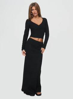 back view of model wearing Princess Polly Memi Long Sleeve Top Black Full Sleeves V-Neck 