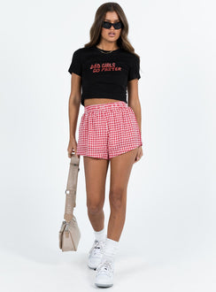 front view of model wearing Princess Polly Beach House Shorts Red / White Gingham 
