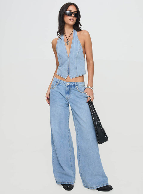 front view of model wearing Princess Polly Je Suis Halter Top Light Wash Sleeveless V-Neck 