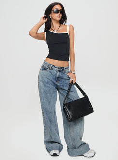 front view of model wearing Princess Polly Detalier One Shoulder Top Black Sleeveless Asymmetric Neckline 