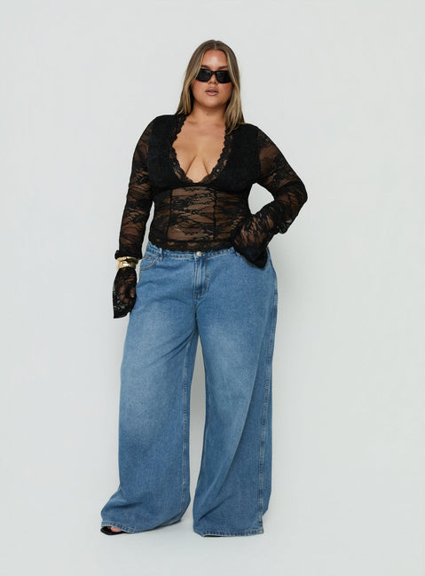 Kecia Long Sleeve Lace Top Black Curve
