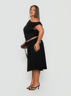 Soft Focus Tie Waist Midi Skirt Black Curve