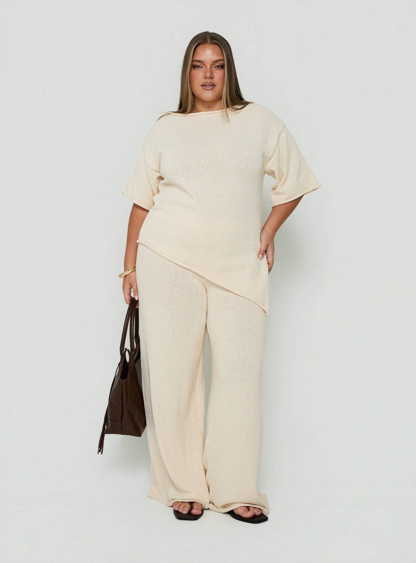 Calisse Knit Wide Leg Pants Beige Curve