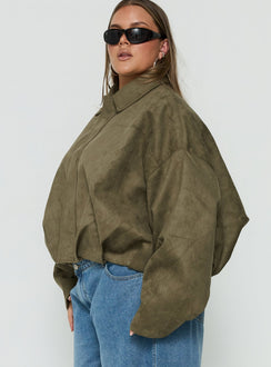 Enlightened Faux Suede Bomber Jacket Khaki Curve