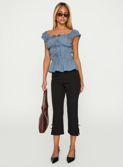 front view of model wearing Princess Polly Scouts Honour Shirred Top Blue / White Short Sleeves Square Neck 