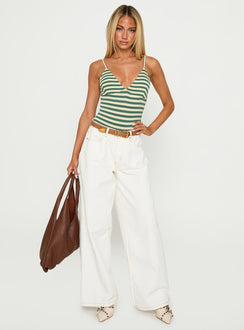 front view of model wearing Princess Polly Like A Daydream Bodysuit Green / Cream Sleeveless 