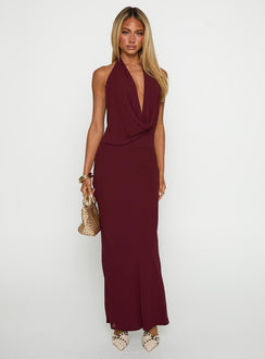 front view of model wearing Princess Polly Vortexa Halter Maxi Dress Currant Plunger 