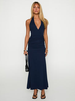 side view of model wearing Princess Polly Casino Halter Maxi Navy Plunger 